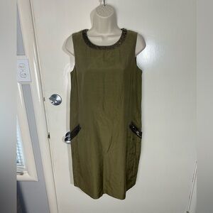 Ann Taylor Olive Green Beaded-Neck Shift Dress